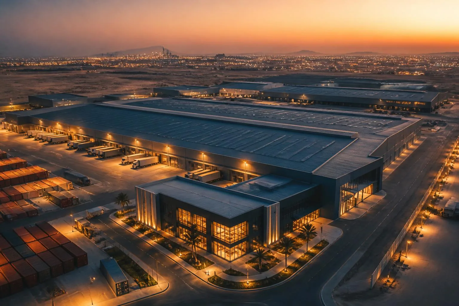 Modern UAE industrial warehouse and logistics complex at twilight